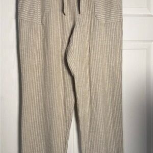 Women’s Striped Pants drawstring size L tan & white linen & rayon